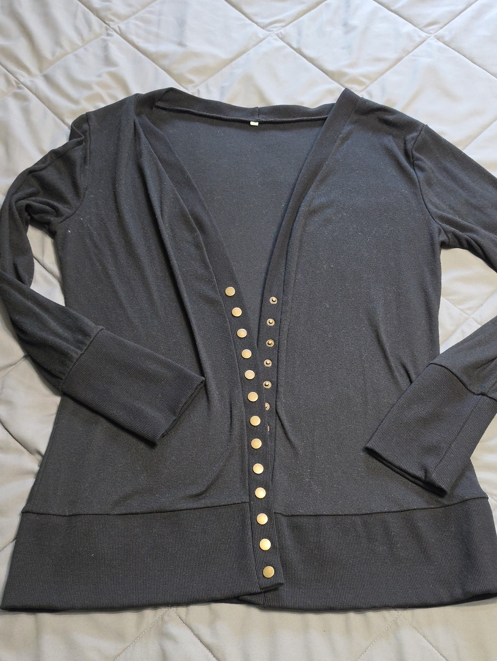 Black Snap-Front Lightweight Cardigan with Gold Buttons